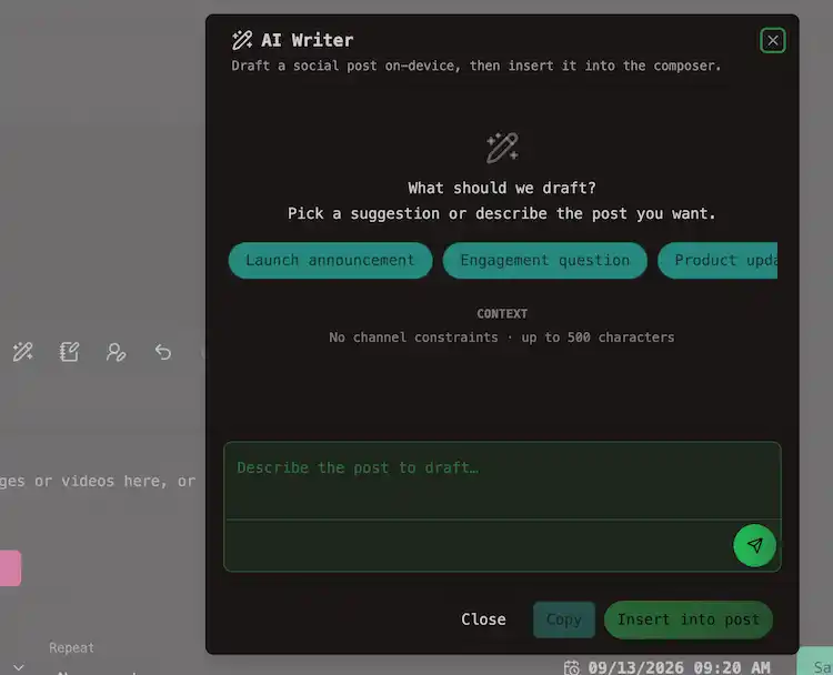 Open AI Writer modal from the composer toolbar